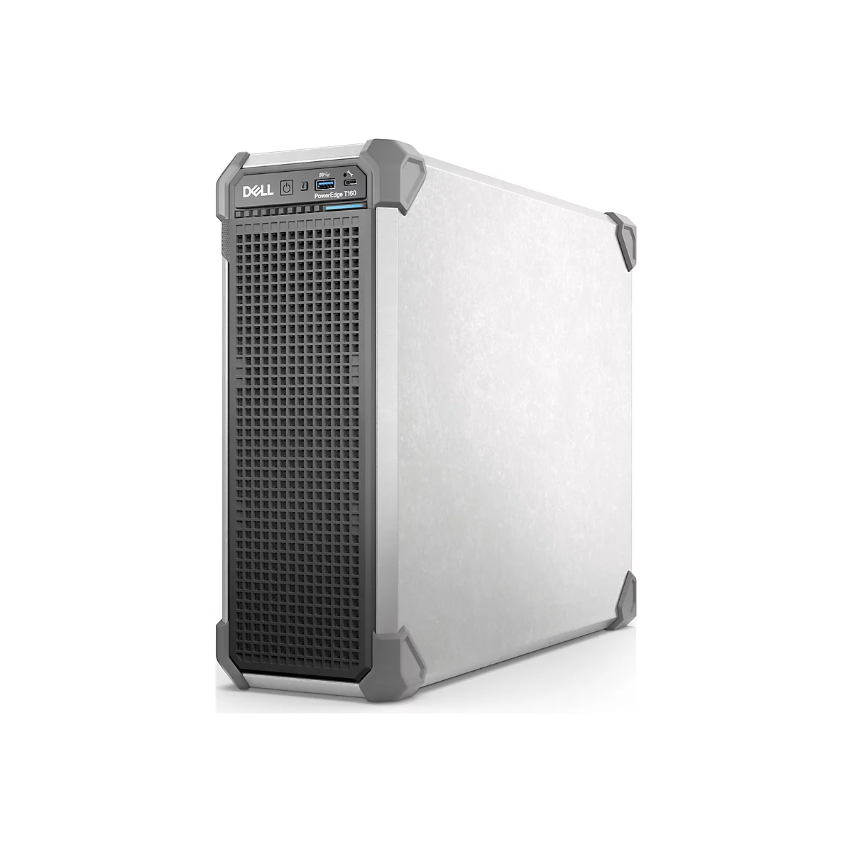 Ein grauer Dell PowerEdge T160 Server vor weißem Hintergrund. Vorne hat es eine perforierte schwarze Platte. Das Dell-Logo ist oben links.