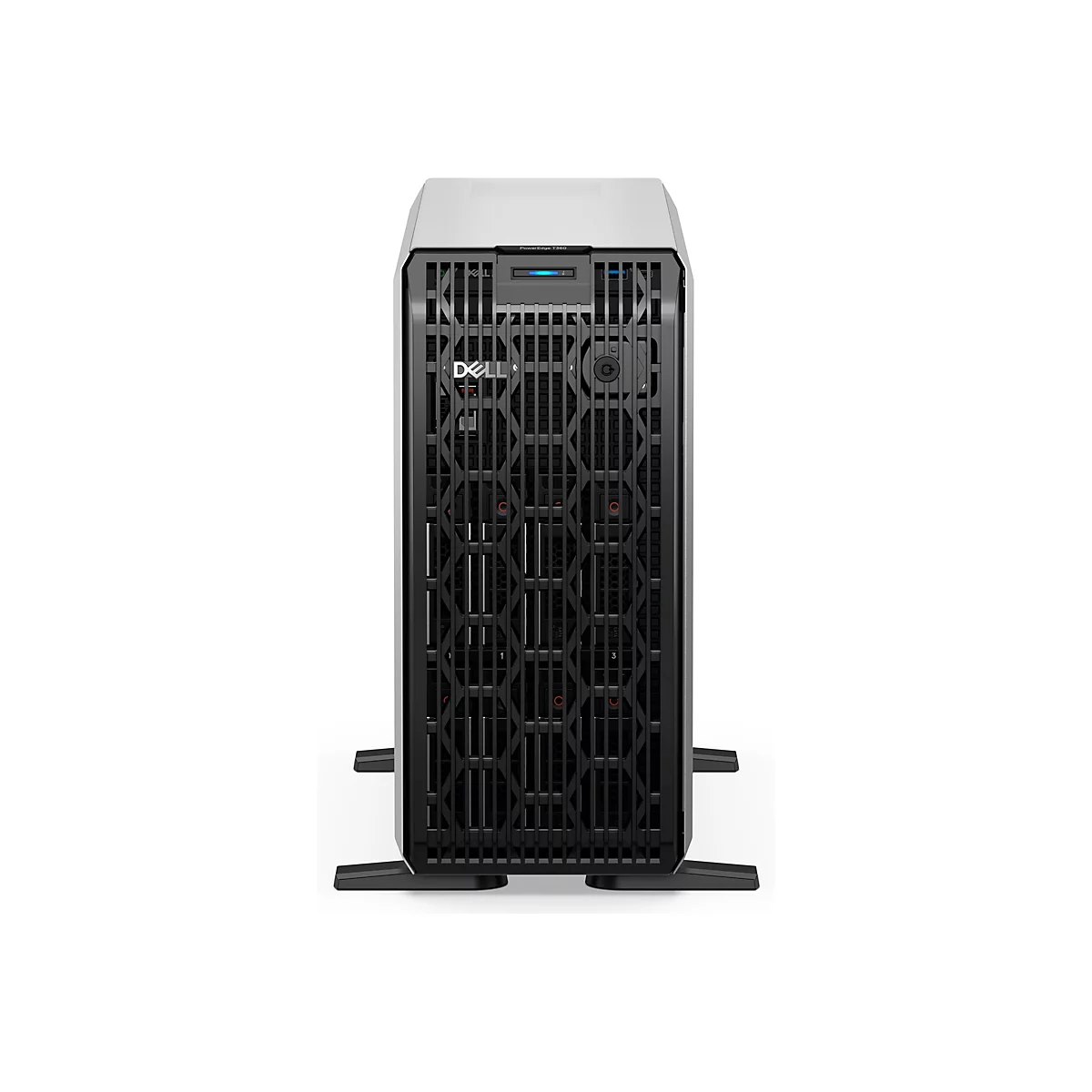 Ein schwarzer Server-Tower mit Dell-Logo, Gitterfront, weißen Seitenwänden. Aufschrift: PowerEdge T360.