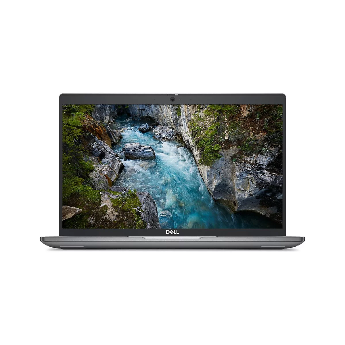 Grauer Laptop mit offenem Display. Auf dem Bildschirm ein Bild eines Flusses in einer Schlucht mit Felsen und Vegetation.