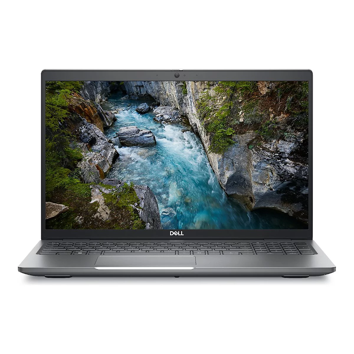 Graues Laptop mit Bildschirm, der einen Fluss zeigt. Unterhalb des Bildschirms die Tastatur, im unteren Bereich ein Touchpad.