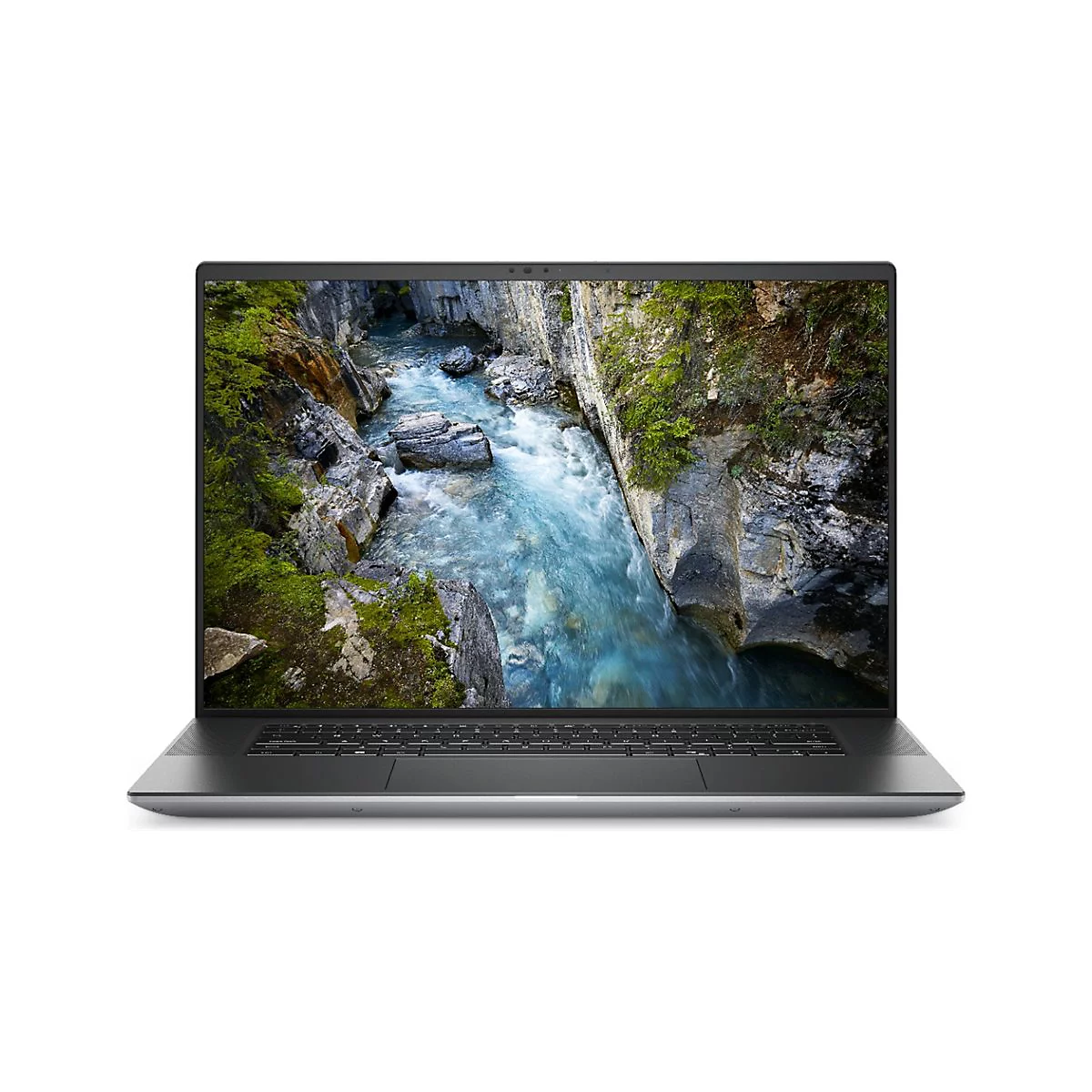 Dunkler Laptop mit Berglandschaft auf dem Display. Die Tastatur ist sichtbar.