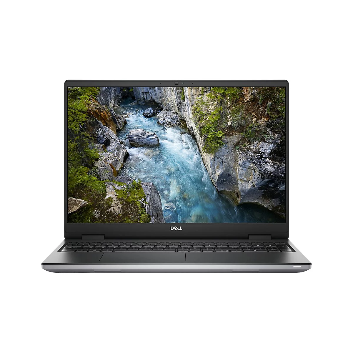 Schwarzer Laptop mit einem Flusslandschaftsbild auf dem Bildschirm. Das Dell-Logo ist deutlich sichtbar.