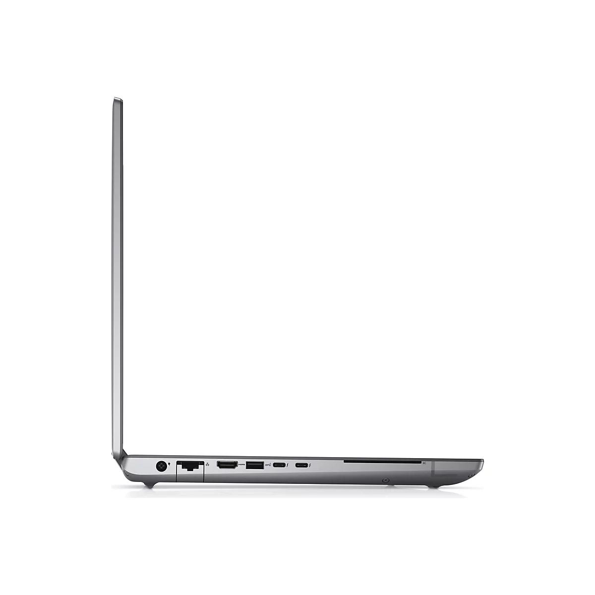 Ein grauer Laptop von der Seite gesehen. Die Kanten sind abgerundet. Auf der Unterseite sind mehrere AnschlÃ¼sse.