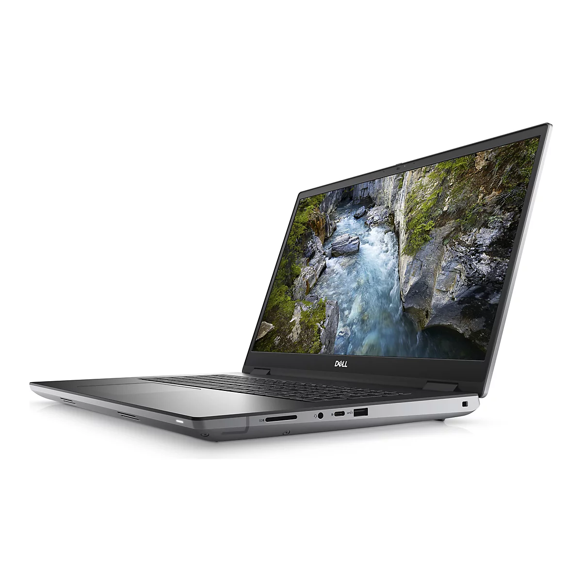 Ein silberner Laptop mit offenem Bildschirm, der einen Fluss zeigt, steht vor weiÃŸem Hintergrund.