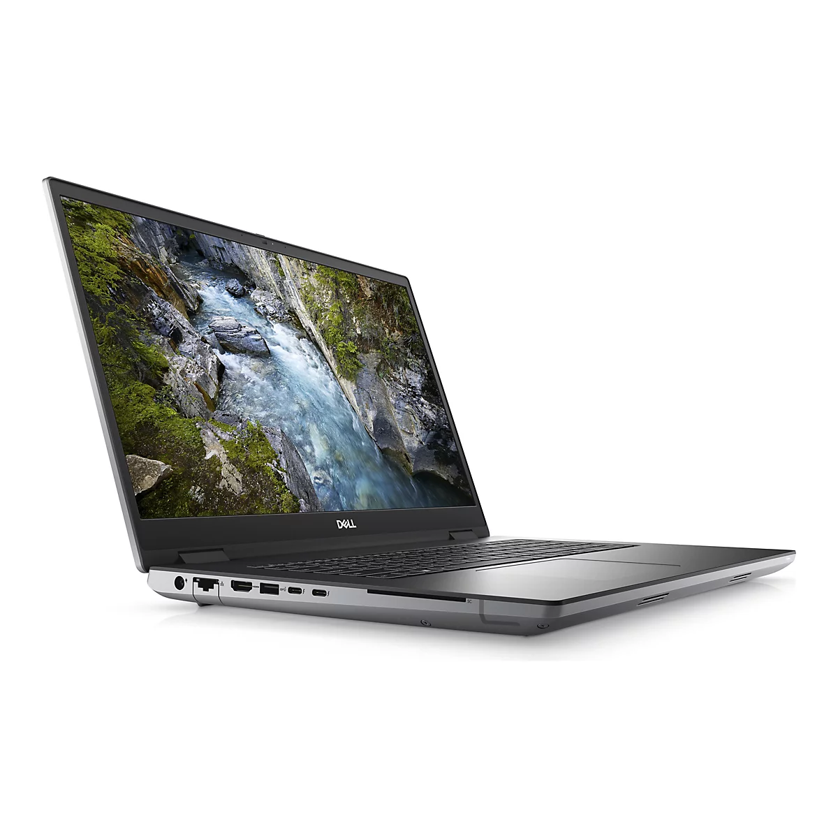 Ein silberner Laptop mit geÃ¶ffnetem Bildschirm, auf dem eine Landschaft abgebildet ist. Auf dem Laptop ist der Schriftzug Dell zu sehen.