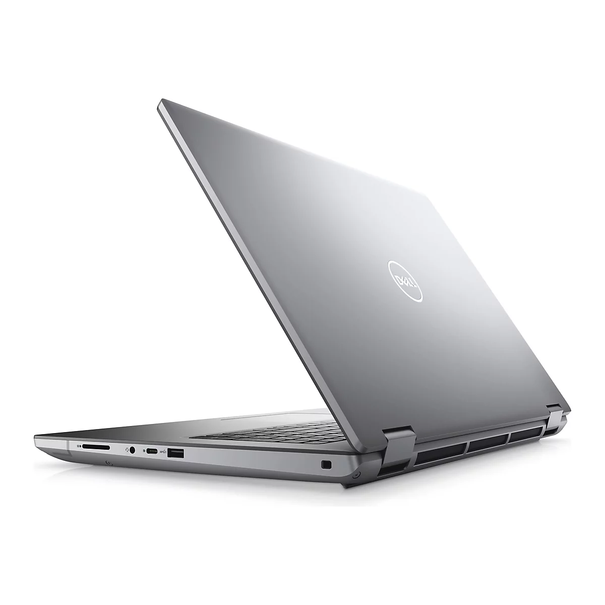 Grauer Laptop mit geÃ¶ffnetem Deckel, das Dell Logo ist zu sehen.