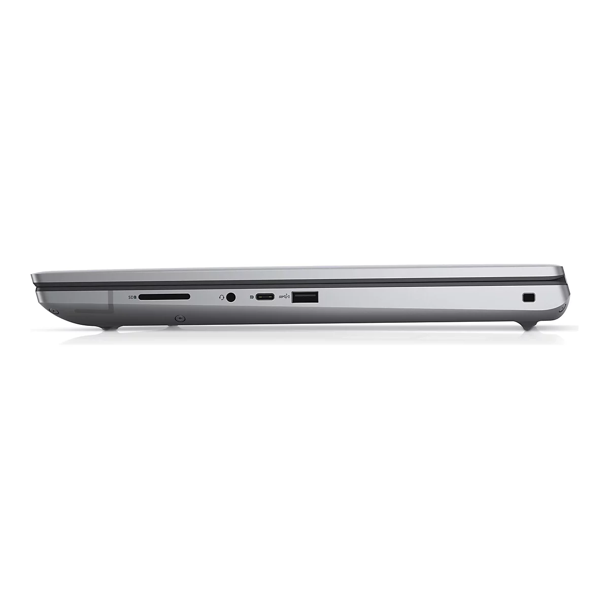 Seitliche Ansicht eines silbernen Laptops mit AnschlÃ¼ssen: SD-Kartenleser, KopfhÃ¶rer, USB-Anschluss. WeiÃŸer Hintergrund.