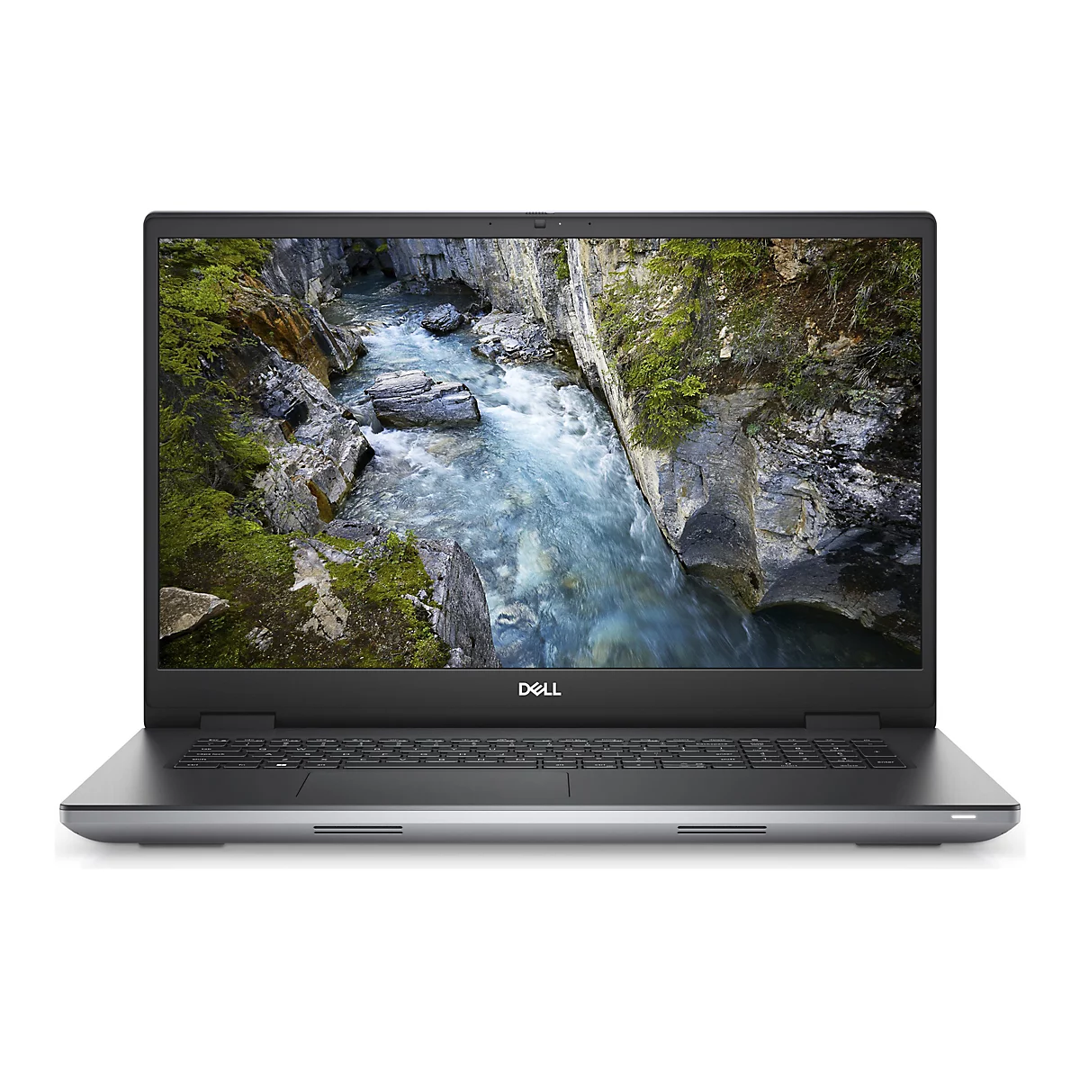 Ein grauer Laptop der Marke Dell, auf dem Bildschirm ein Fluss in einer Schlucht, vor weiÃŸem Hintergrund.