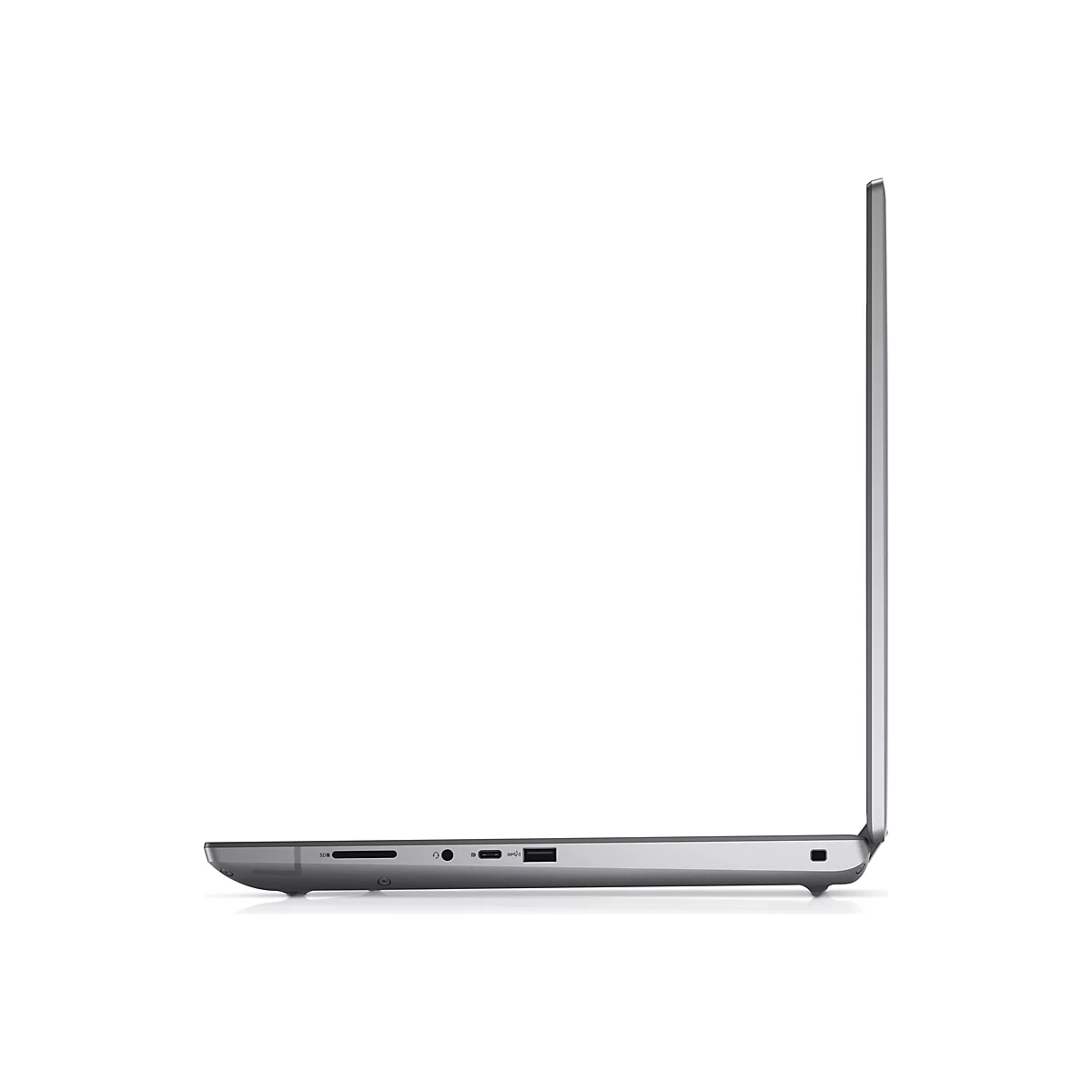 Graues Laptop-Profil, Seitenansicht. GeÃ¶ffneter Bildschirm, Ports an der Seite.