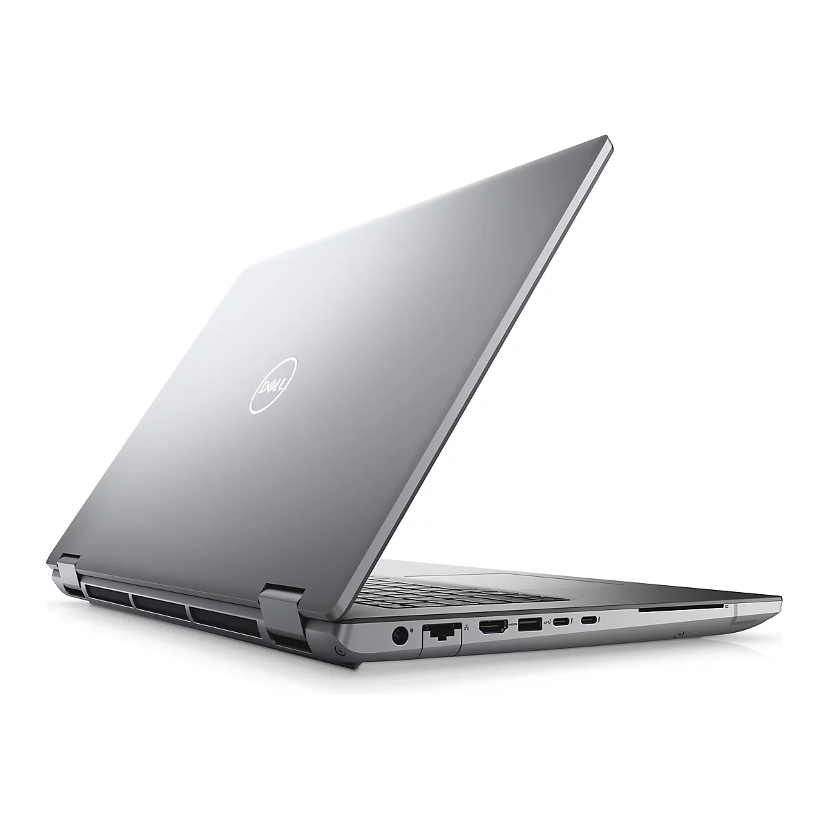 Ein silberfarbener Laptop mit geÃ¶ffnetem Deckel, auf weiÃŸem Hintergrund. Das Dell-Logo ist auf dem Deckel zu sehen.