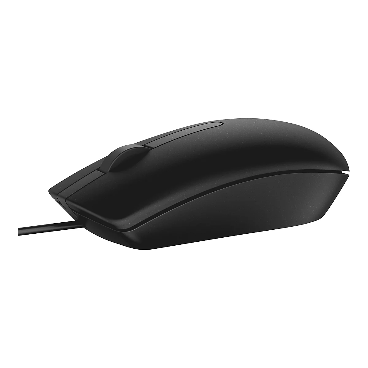 Souris d'ordinateur noire avec câble. Plan rapproché de la molette et des boutons latéraux.