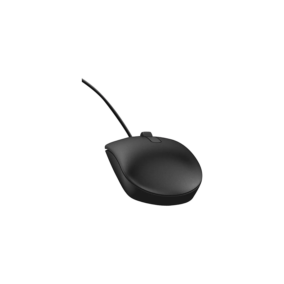 Souris d'ordinateur noire avec câble, vue de détail sur fond blanc.