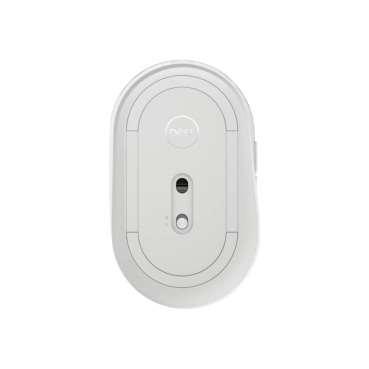 Draufsicht auf eine weiße Dell-Maus, Unterseite. Sichtbar sind: Sensor, Ein-/Ausschalter, Logo.