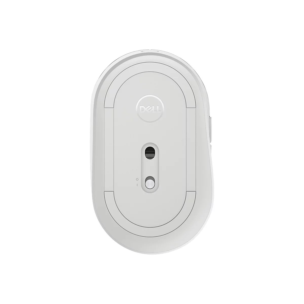 Draufsicht auf eine weiße Dell-Maus. Auf der Rückseite sind eine runde Öffnung, ein Knopf und ein Einschalt- /Ausschalter zu sehen.