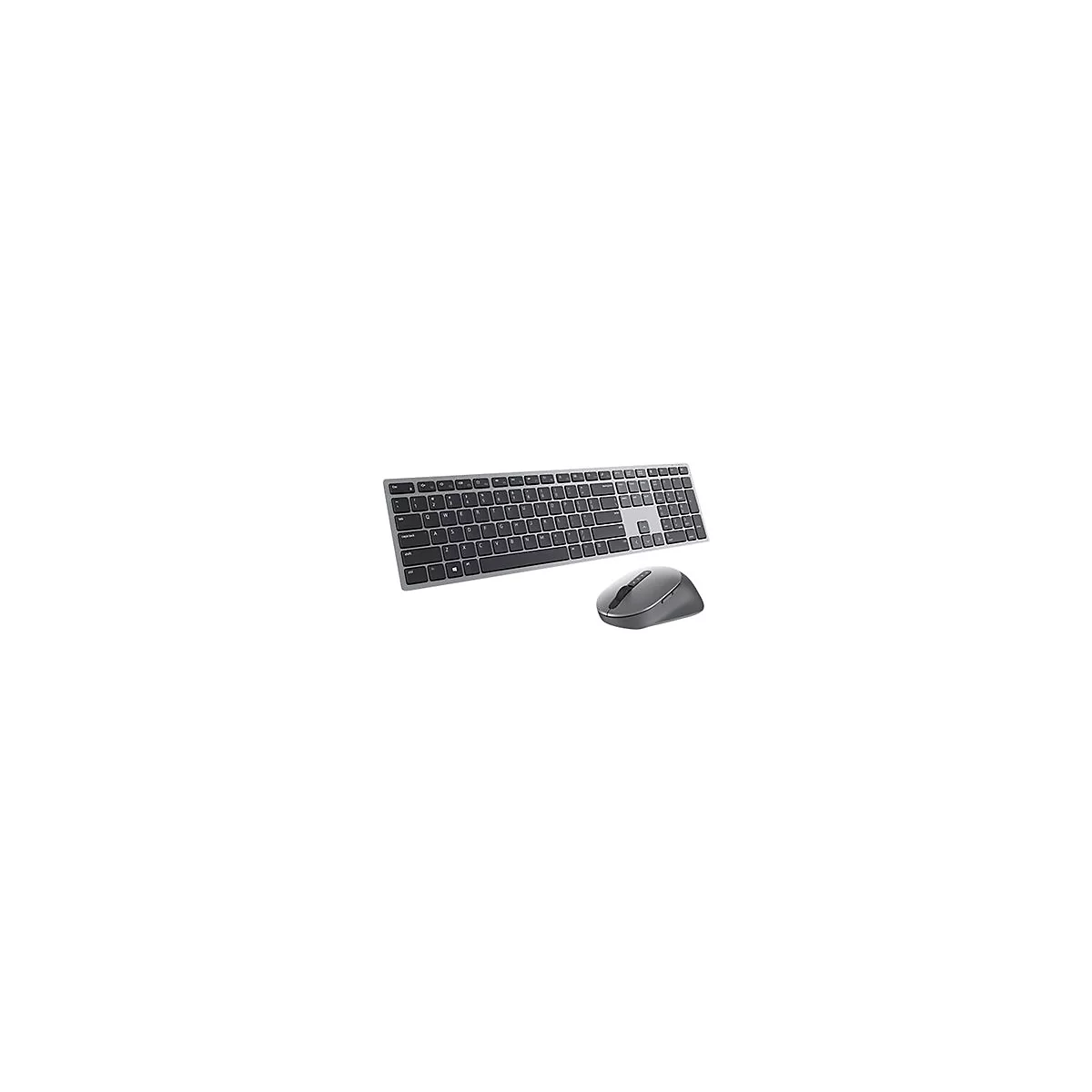 Drahtloses silbernes Keyboard-Maus-Set. Tastatur mit schwarzen Tasten, Maus grau.