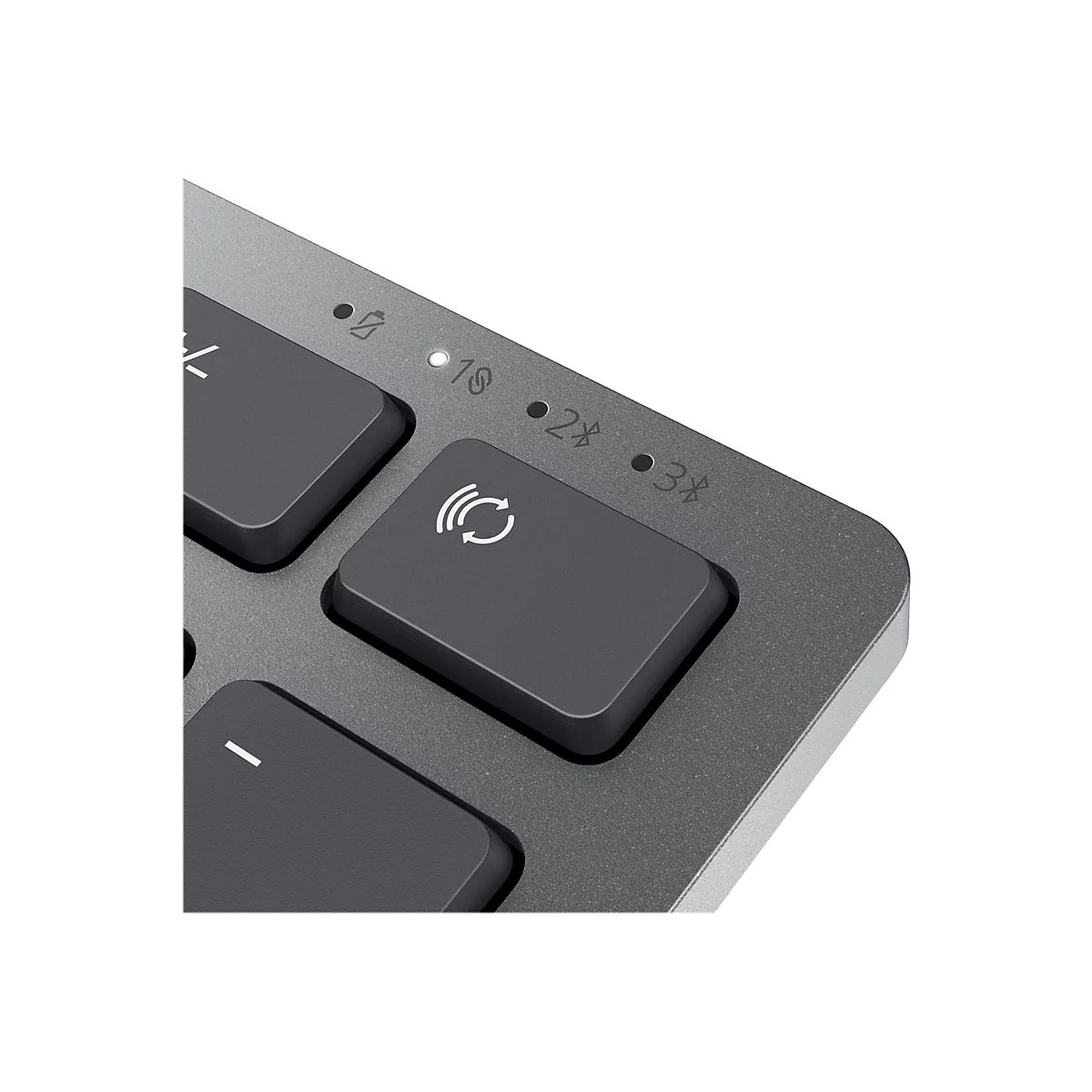 Nahaufnahme einer Tastatur. Schwarze Tasten mit weißen Symbolen. Grauer Hintergrund mit Symbolen.