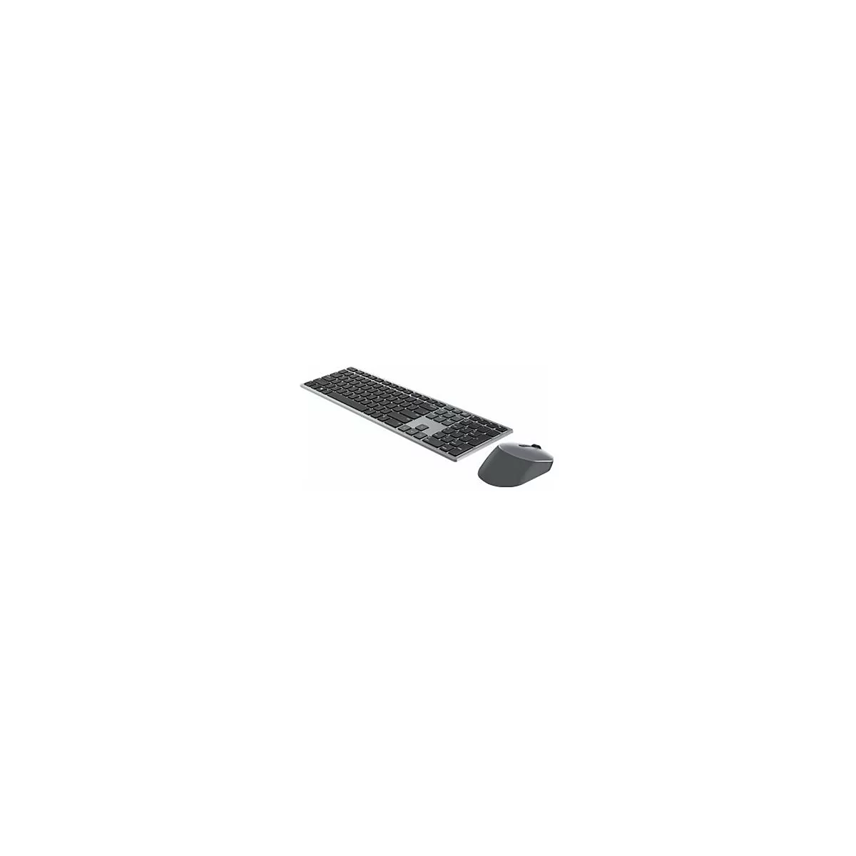 Draufsicht auf ein graues Keyboard und eine Maus auf weißem Hintergrund.