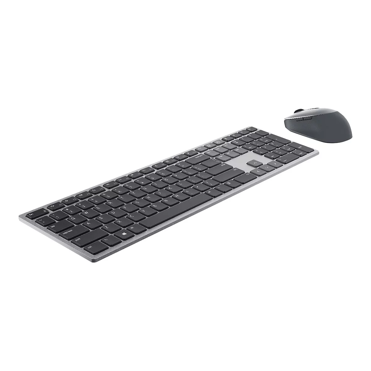 Drahtlose Tastatur und Maus auf weißem Hintergrund, Tastatur mit schwarzen Tasten, Maus grau.