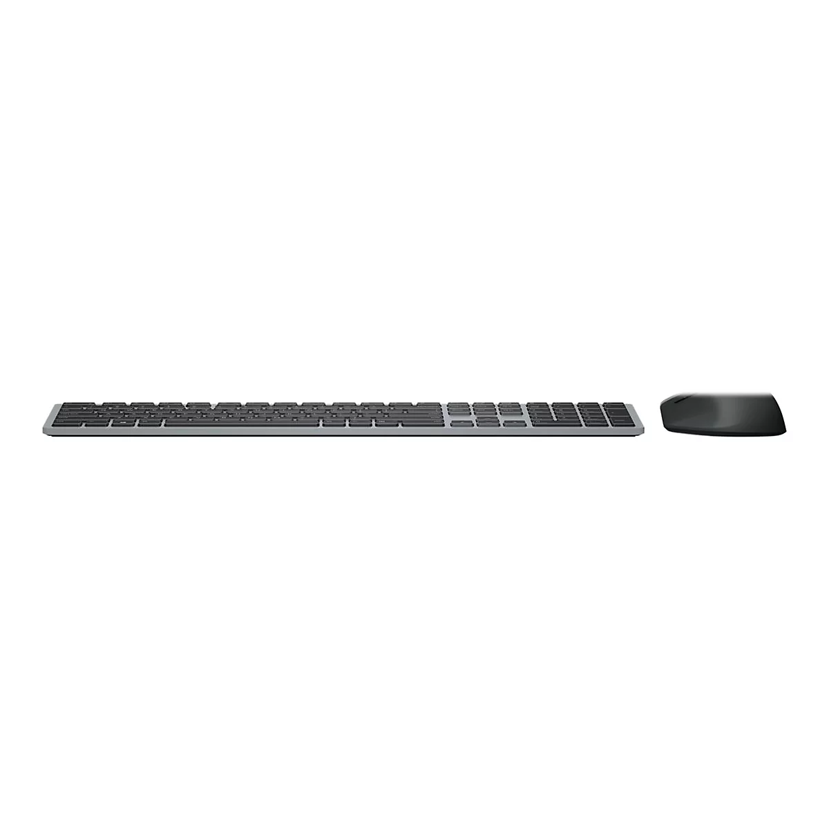 Draufsicht auf ein drahtloses Tastatur-Maus-Set. Die Tastatur ist flach und grau, die Maus ist abgerundet und schwarz.