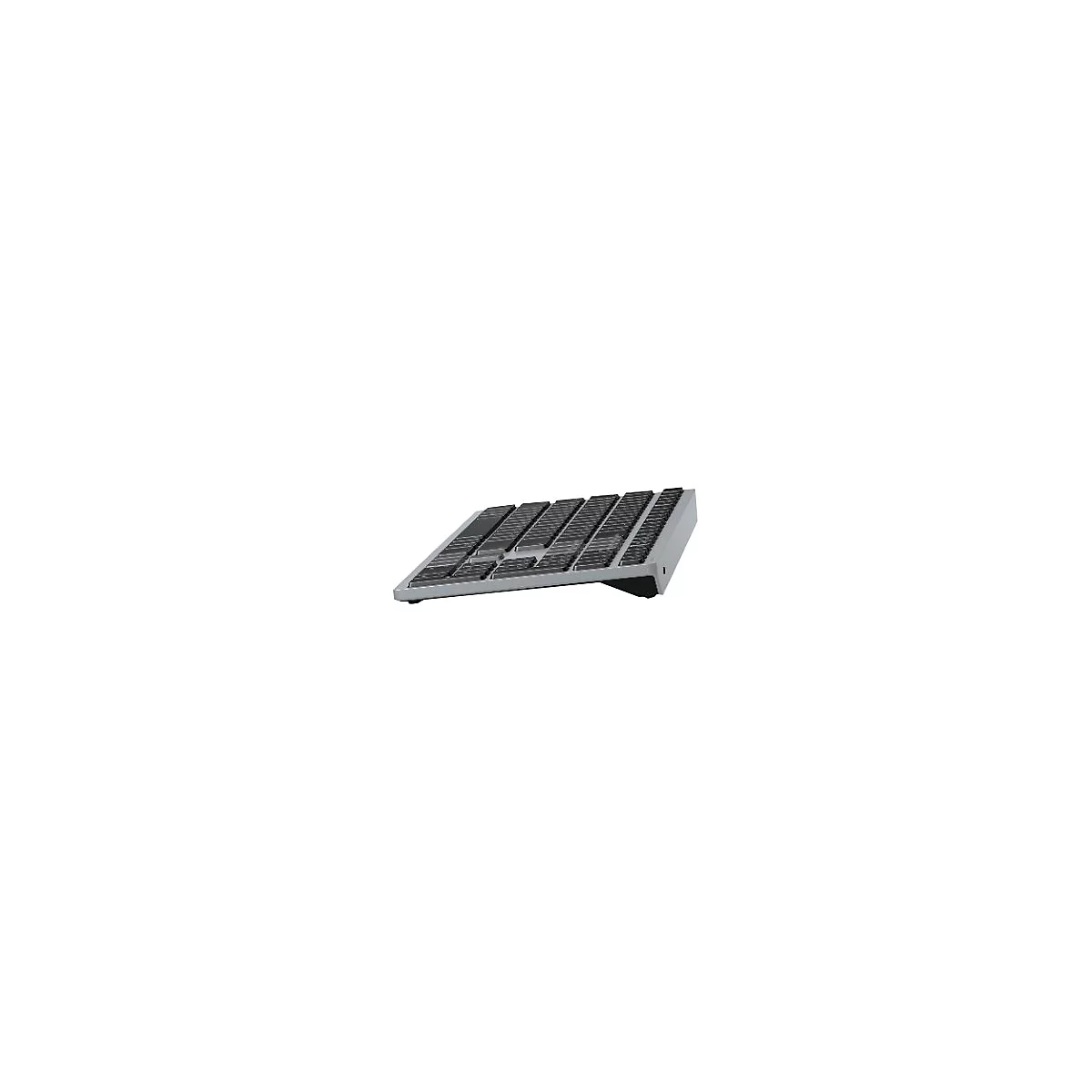 Ein silbernes Keyboard, leicht schräg, mit schwarzen Tasten. Die Tasten sind in Blöcken angeordnet.
