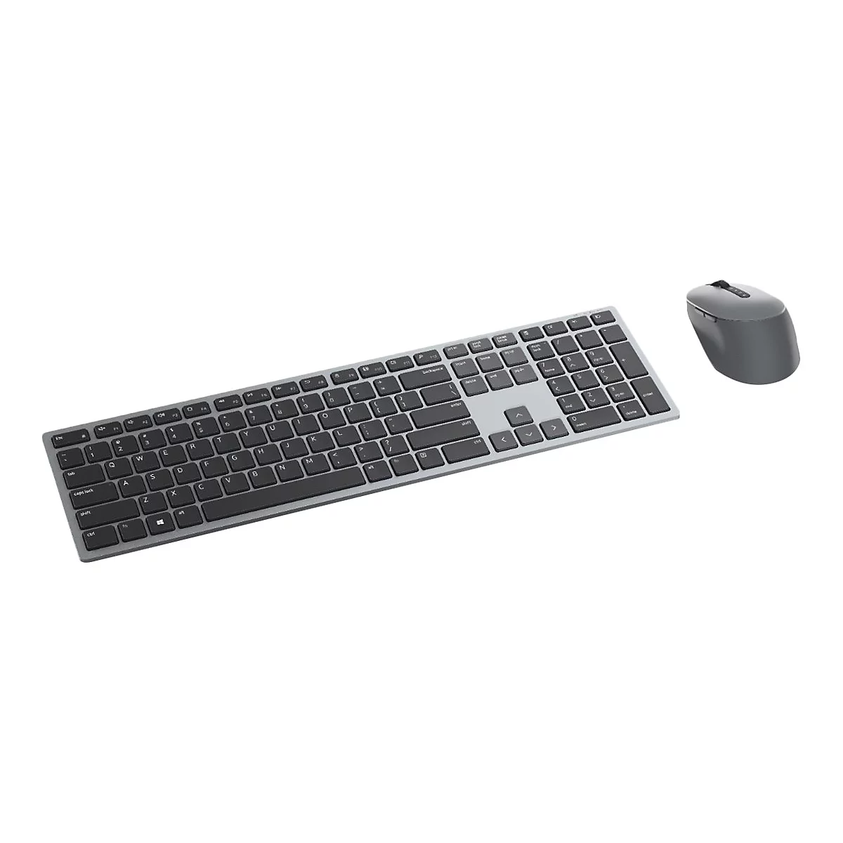 Draufsicht auf kabellose Tastatur und Maus in Grau vor weißem Hintergrund.