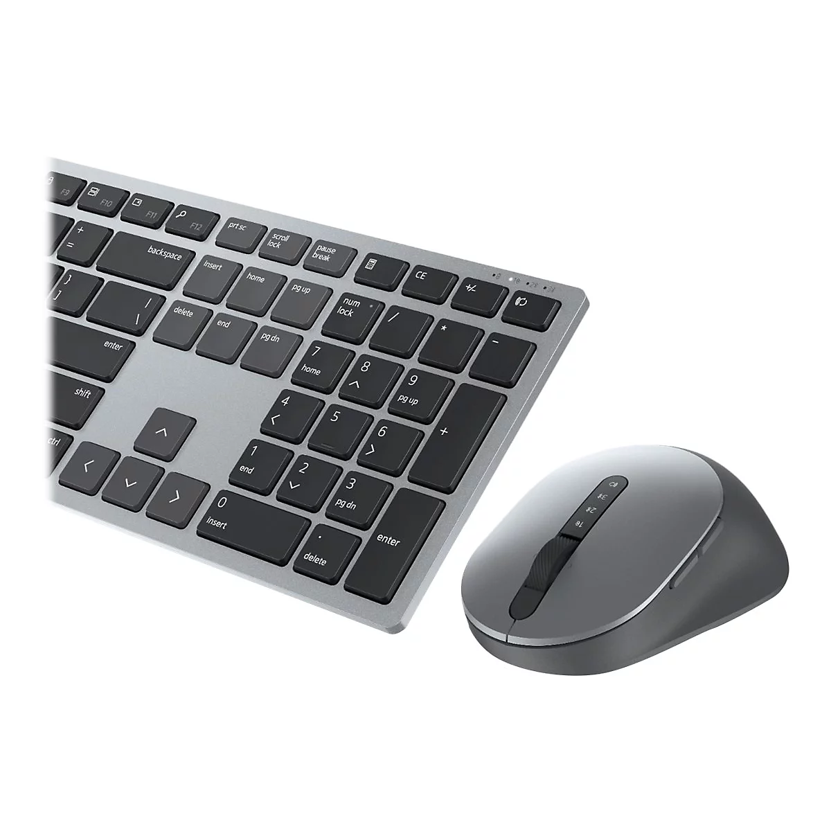 Graue Tastatur und Maus auf weißem Hintergrund. Die Tastatur hat schwarze Tasten. Die Maus hat ein Scrollrad und Tasten.
