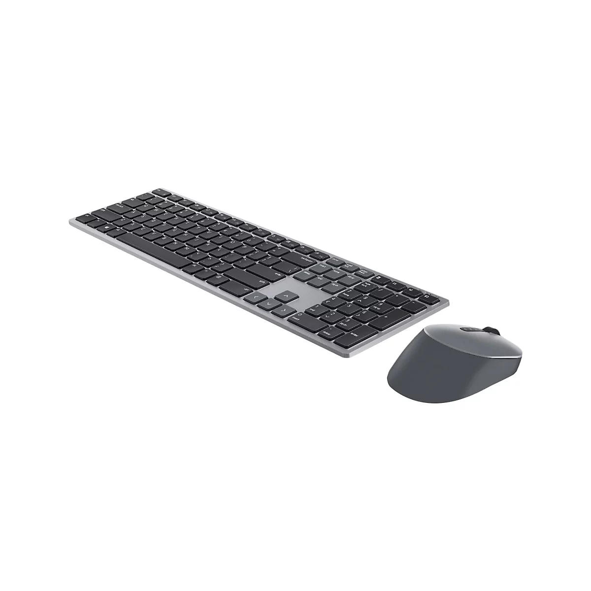 Draufsicht auf kabellose Tastatur und Maus in Grau, vor weißem Hintergrund.