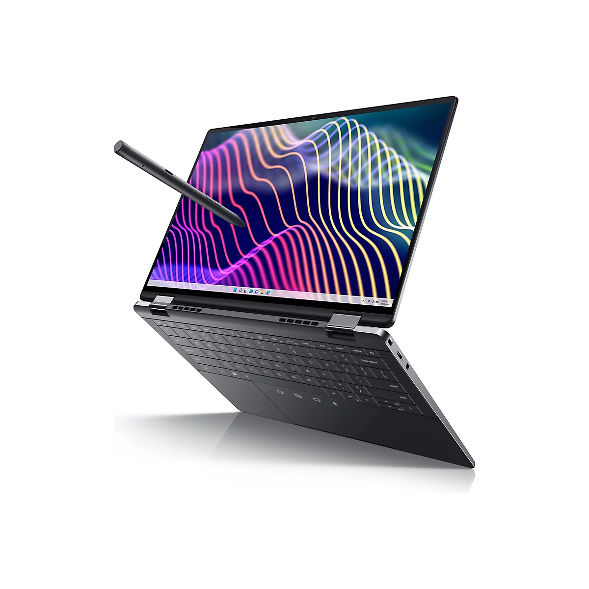 Un ordinateur portable gris avec un stylet, à moitié ouvert, écran avec des lignes colorées abstraites, fond blanc.