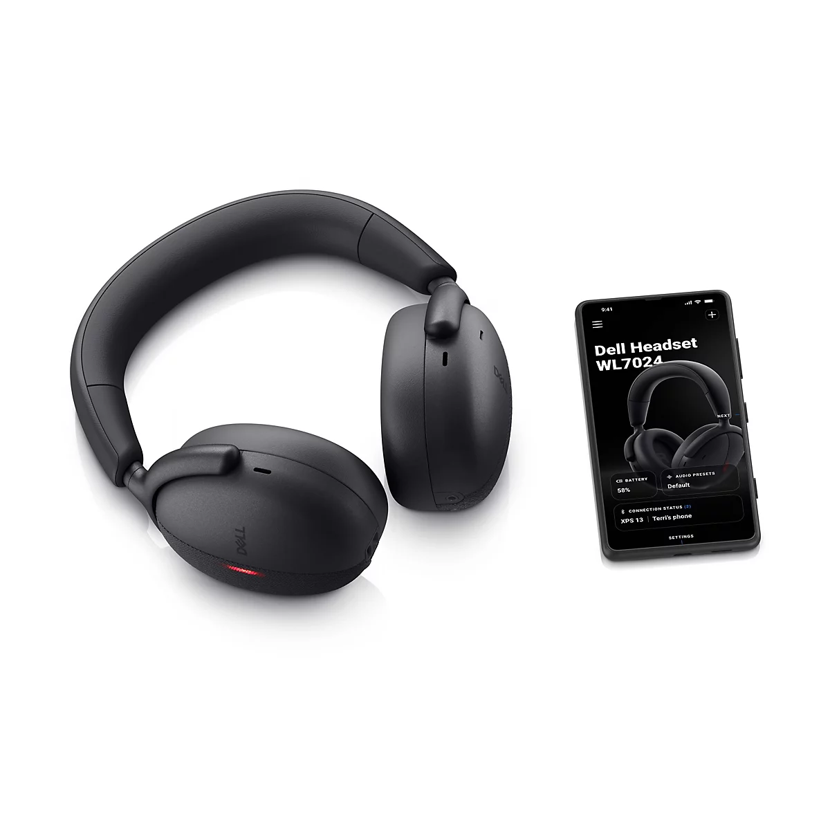 Schwarzer Over-Ear-Kopfhörer mit einer Smartphone-App, die Informationen anzeigt. Auf dem Smartphone-Display steht Dell Headset WL7024.
