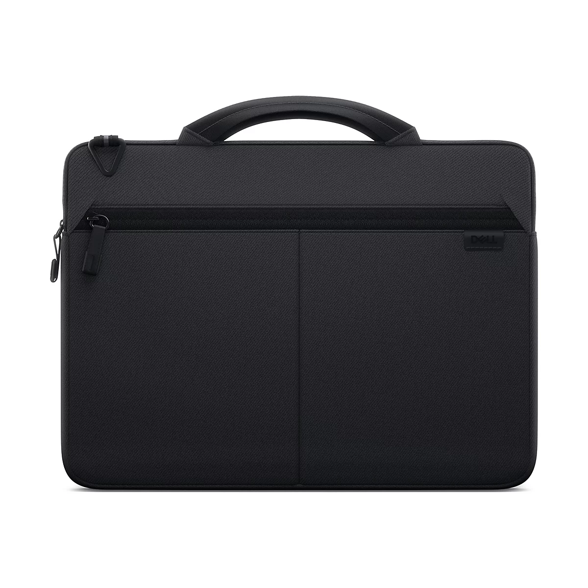 Schwarze Laptoptasche mit Tragegriff, Reißverschlüssen und „DELL“-Logo.