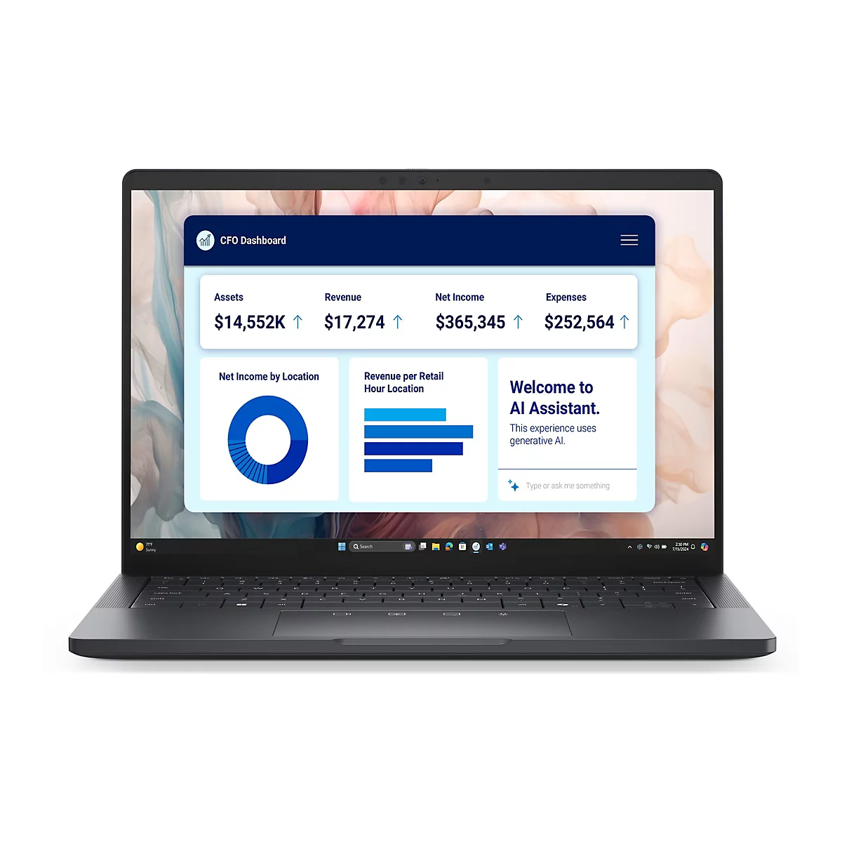 Ein Laptop zeigt ein CFO Dashboard mit Finanzdaten und Grafiken. Auf dem Bildschirm sind Vermögenswerte, Umsätze, Nettoeinkommen und Ausgaben dargestellt.