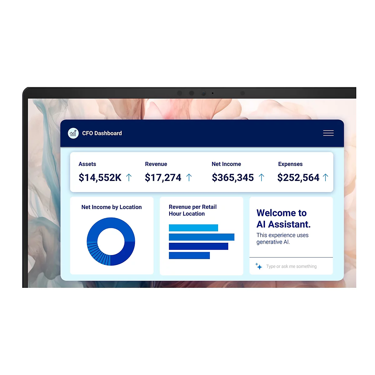 Finanz-Dashboard auf Laptop. Zeigt Finanzdaten wie Vermögen, Umsatz, Nettoeinkommen und Ausgaben an, zusammen mit Diagrammen und einer Willkommensnachricht für einen KI-Assistenten.