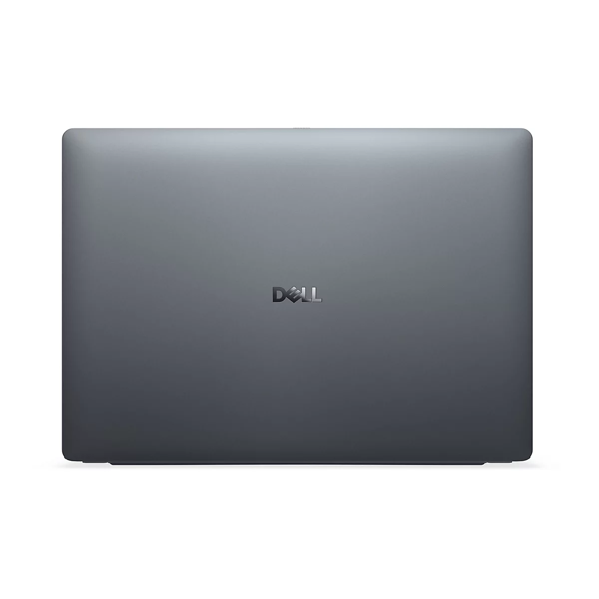 Grauer Laptop, RÃ¼ckansicht, Dell Logo mittig.