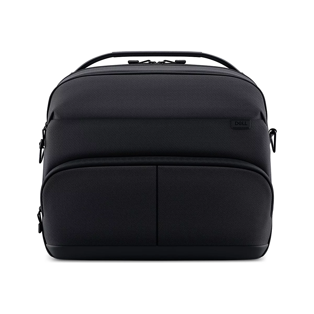 Schwarzer Laptop-Rucksack mit Dell-Logo, Details der Textur erkennbar, vor weißem Hintergrund.