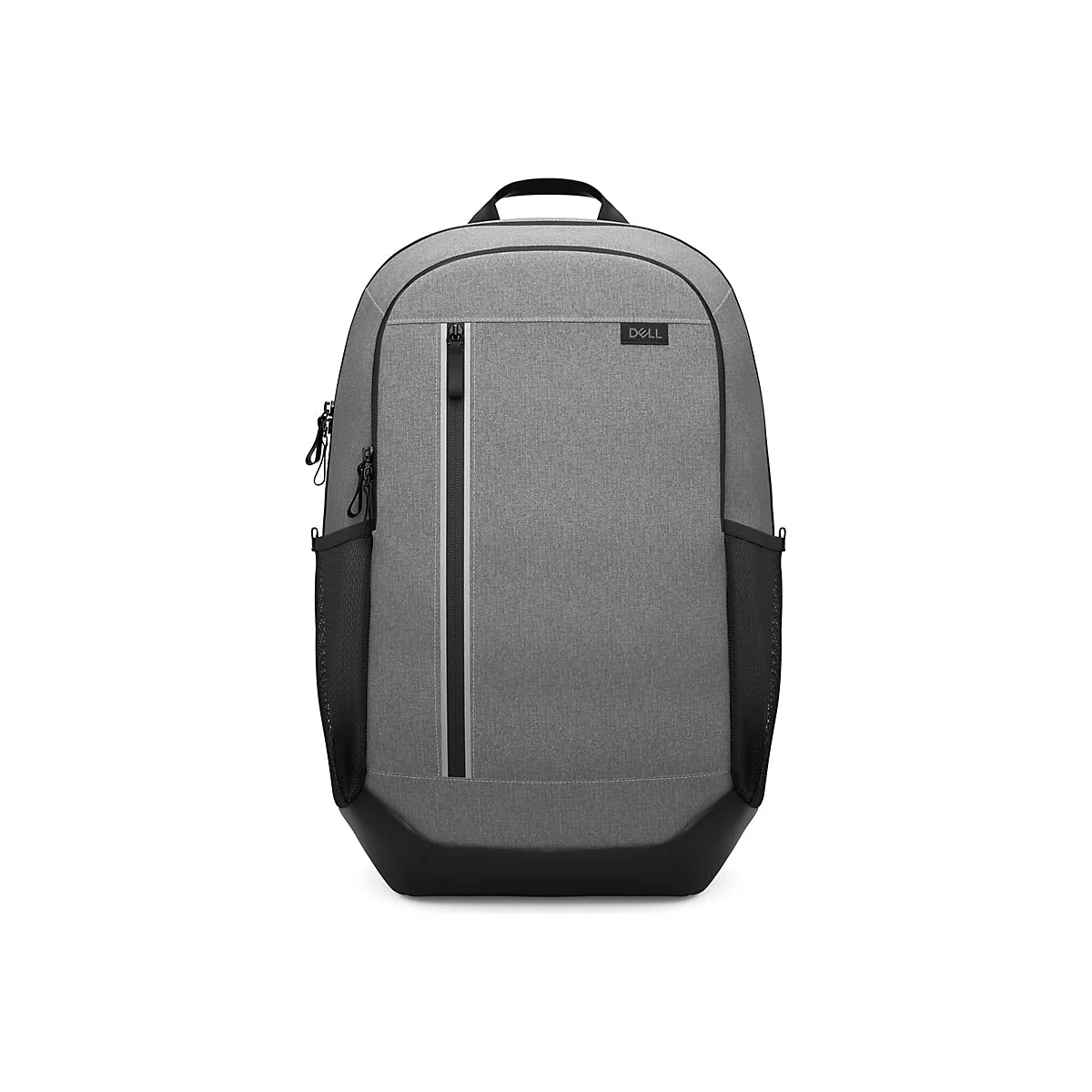 Grauer Dell Laptop-Rucksack mit schwarzem Boden, schwarzem Reißverschluss und Mesh-Seitentaschen.