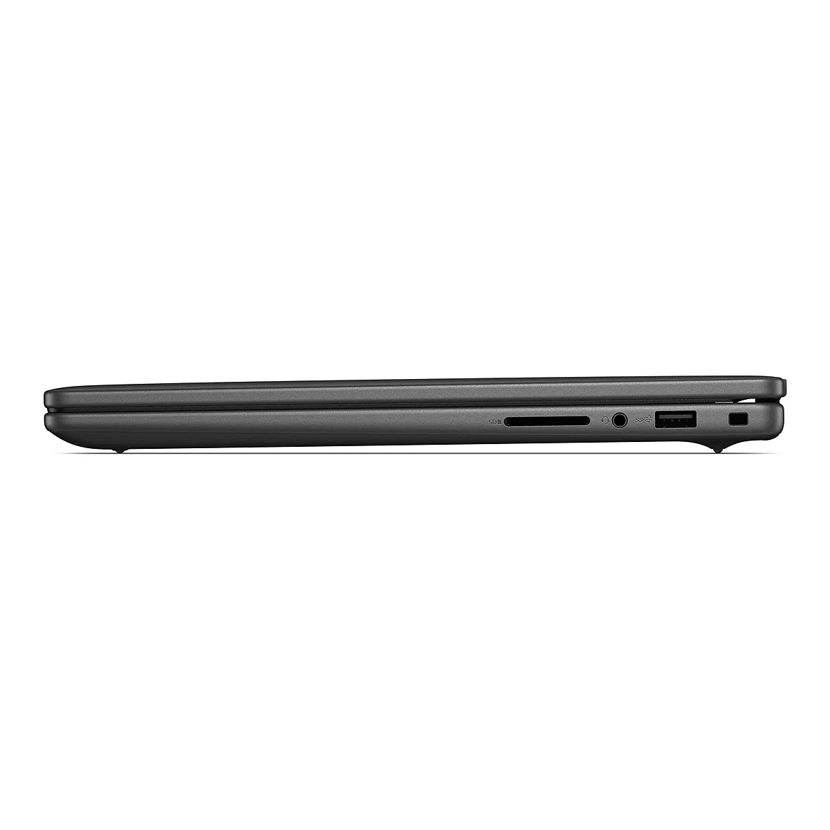 Seitenansicht eines geschlossenen, grauen Laptops. Oben befinden sich SD-Kartensteckplatz, Kopfhöreranschluss, USB-Anschluss und ein weiteres Loch.