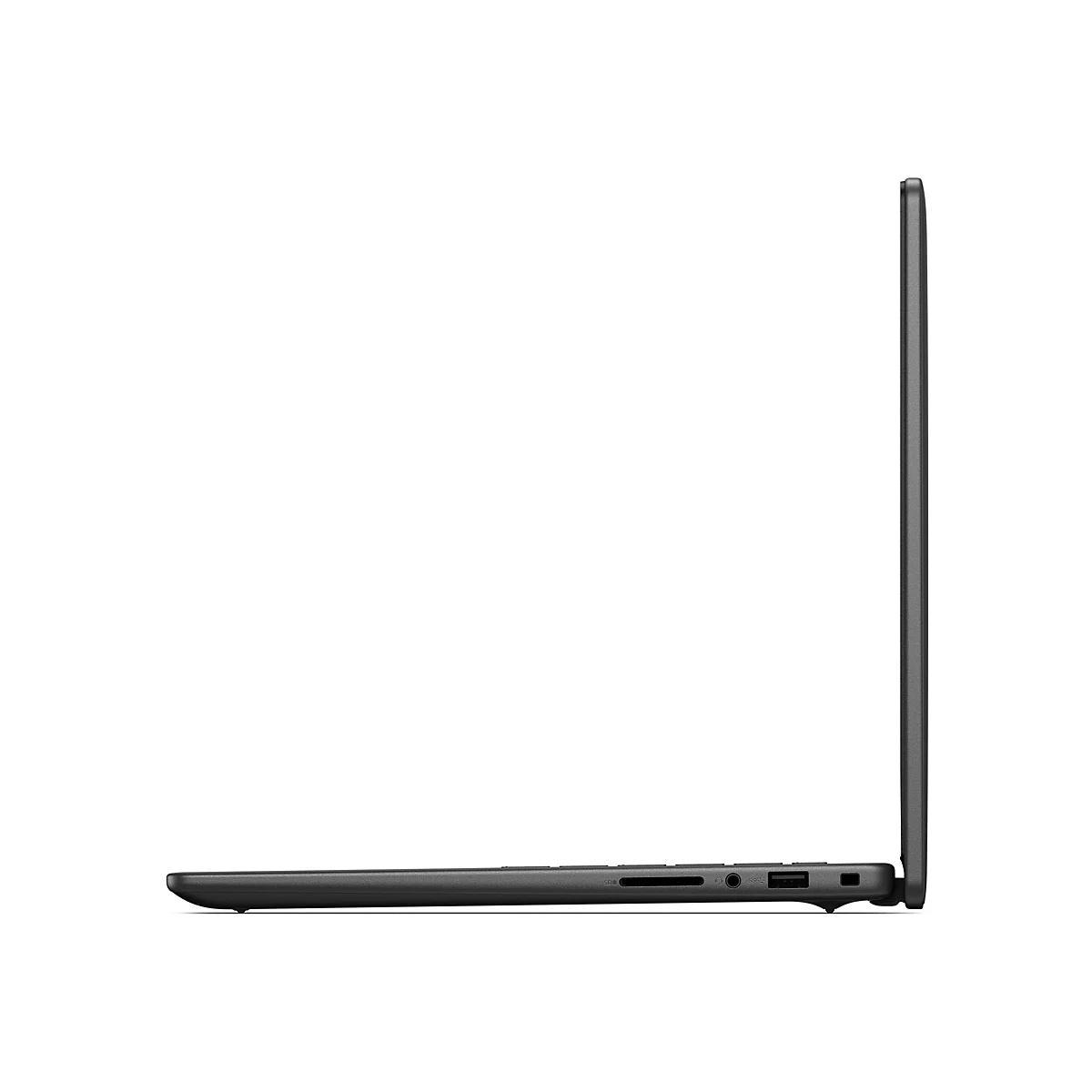 Dunkelgraues Laptop-Profil. Links Anschlüsse, rechts geschlossen.