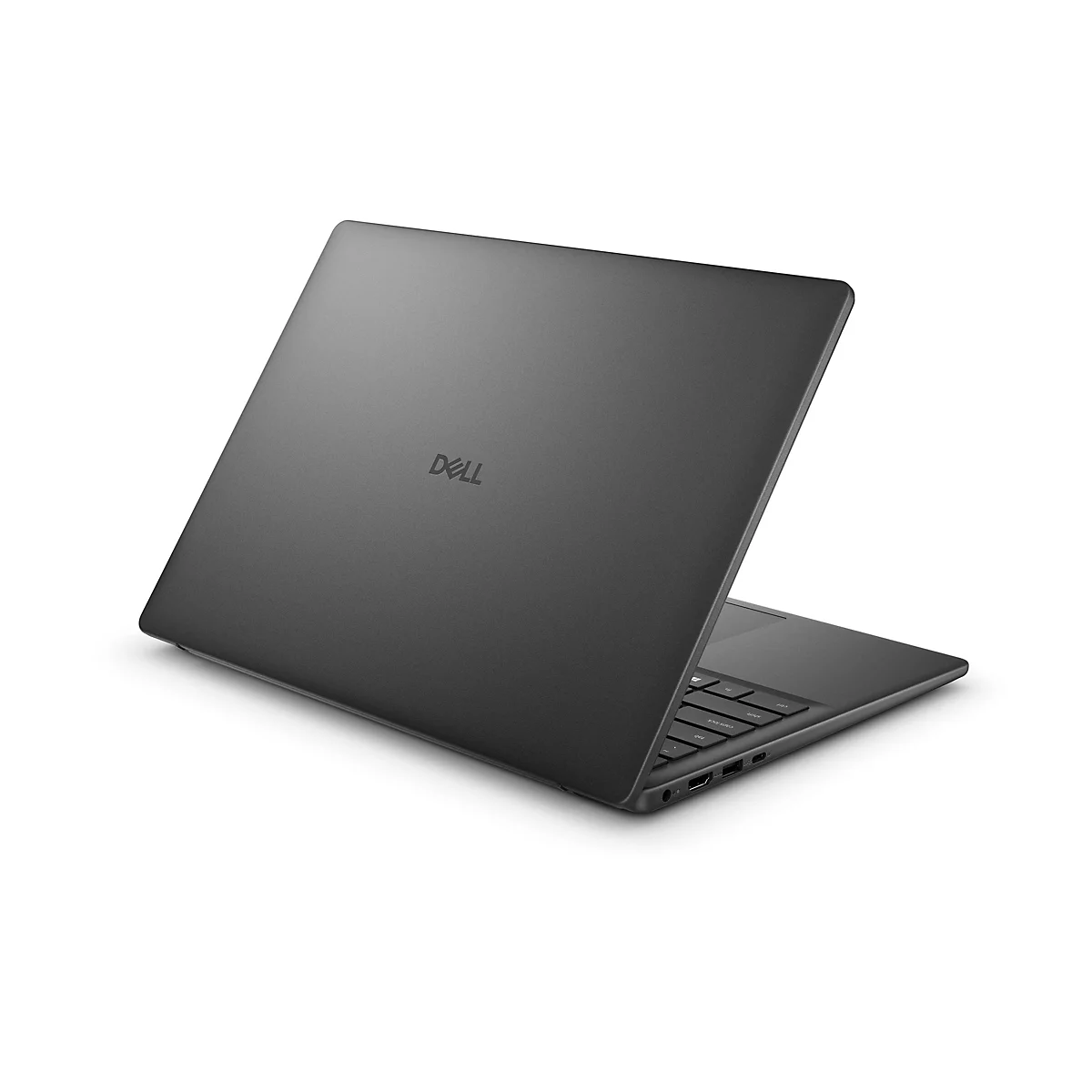Dunkelgraues Dell-Notebook auf weißem Hintergrund, leicht geöffnet.