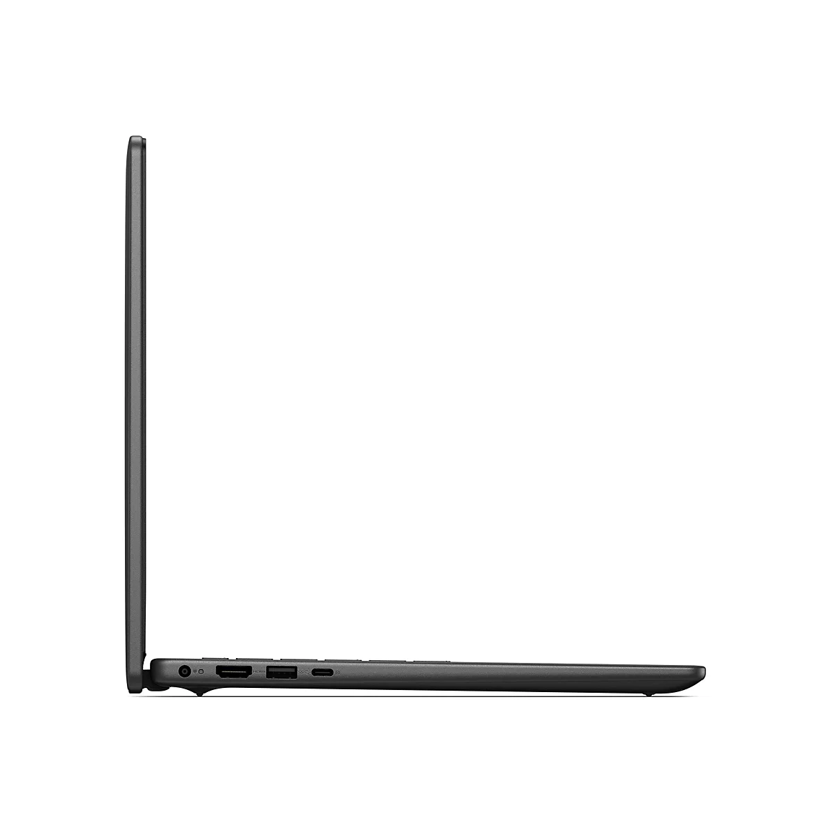Schwarzes Laptop-Profil, Ports auf der Unterseite. Klare Form, weißer Hintergrund.