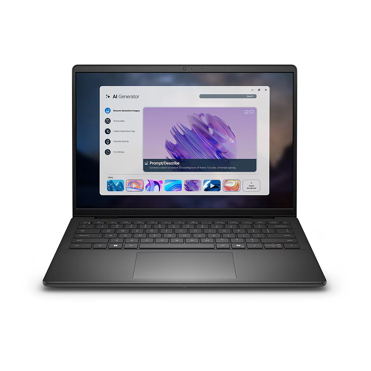 Ein schwarzer Laptop mit geöffnetem Bildschirm. Auf dem Bildschirm ist eine Benutzeroberfläche zu sehen, die eine KI-Anwendung zeigt, darunter Optionen wie „Entdecke generative Bilder“.