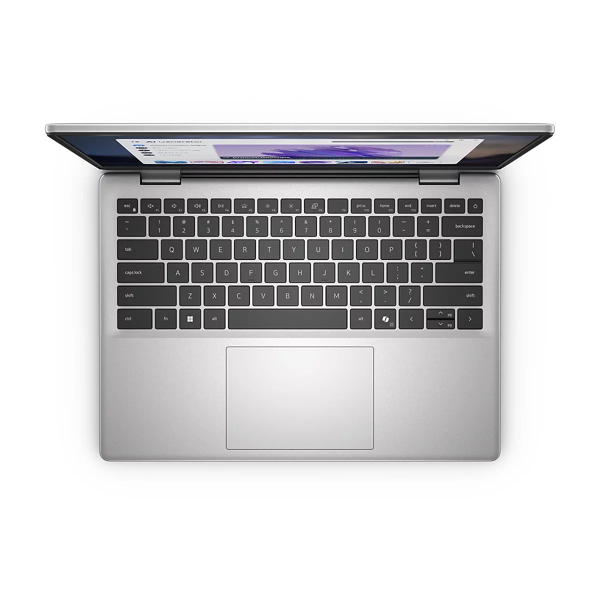 Draufsicht auf ein geöffnetes silbernes Notebook mit schwarzer Tastatur und einem Display, auf dem eine Website zu sehen ist. Der Touchpad-Bereich ist deutlich sichtbar.