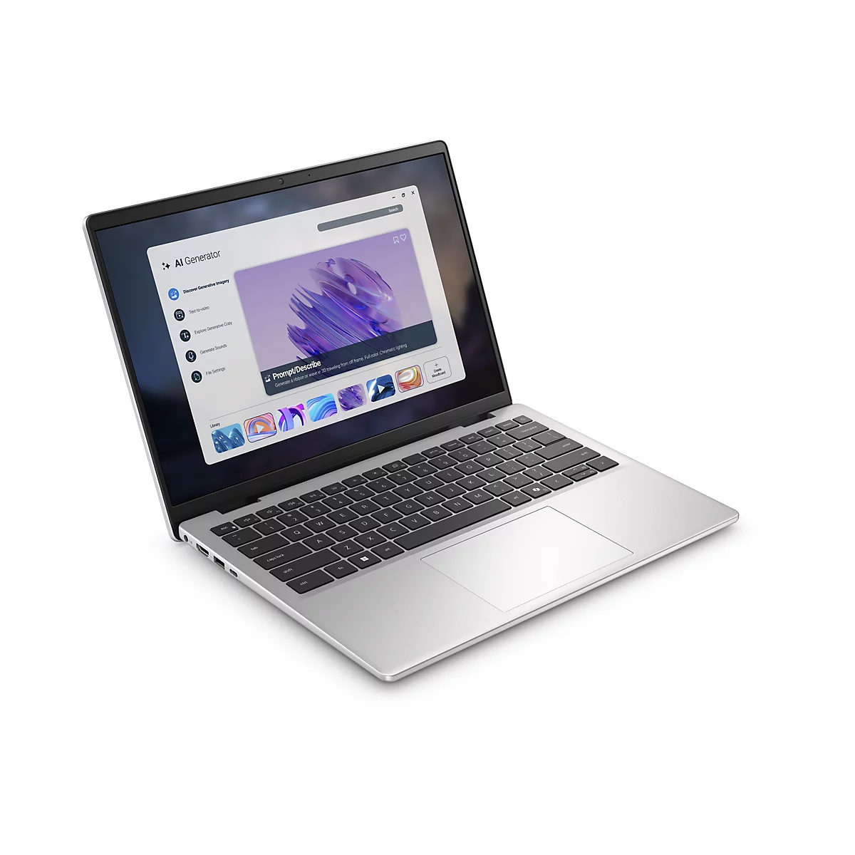 Ein silberner Laptop mit einem geöffneten Bildschirm, der eine KI-Generator-Benutzeroberfläche zeigt. Auf dem Bildschirm ist ein farbenfrohes, abstraktes Bild zu sehen.