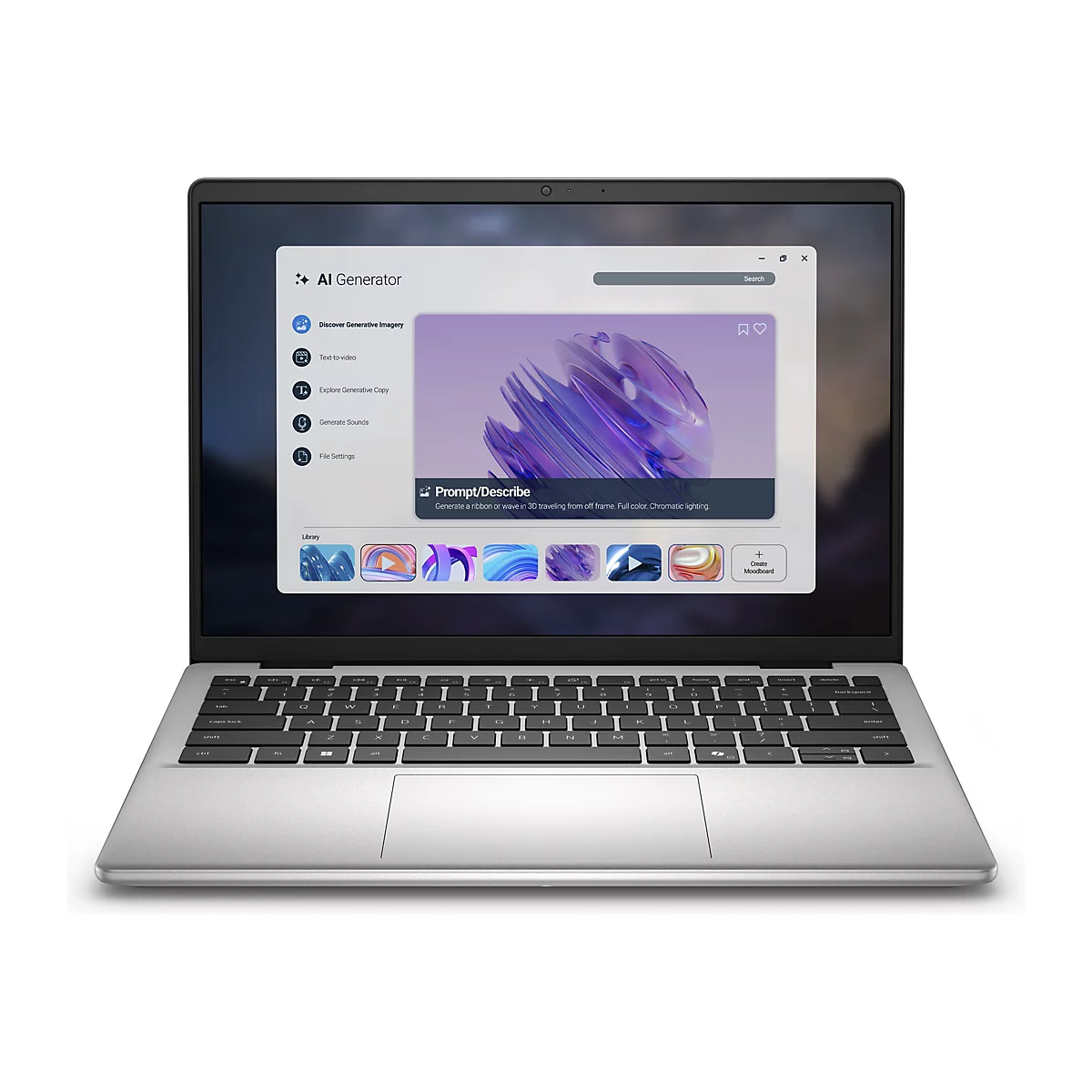 Laptop mit geöffnetem Programm "AI Generator". Auf dem Bildschirm ist eine farbenfrohe, abstrakte 3D-Grafik zu sehen. Tastatur und Touchpad sind im Vordergrund.