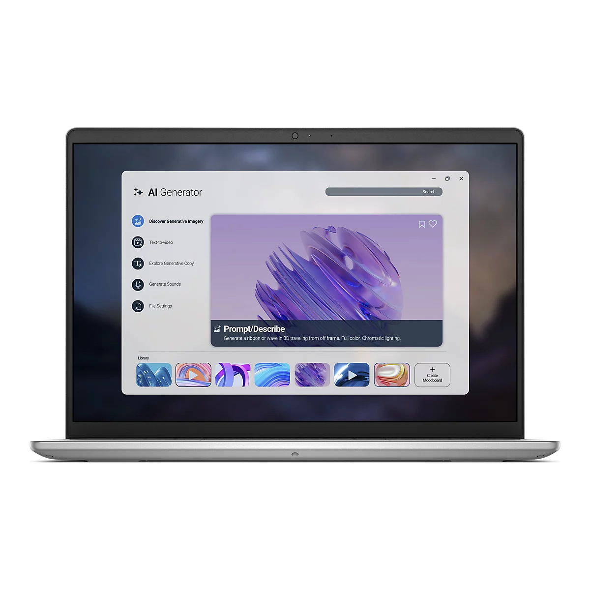 Ein Laptop zeigt eine KI-Oberfläche. Auf dem Bildschirm ist ein 3D-Band mit Chroma-Beleuchtung zu sehen. Die Benutzeroberfläche hat Optionen wie „Entdecke generative Bilder“ und „Text-zu-Video“.