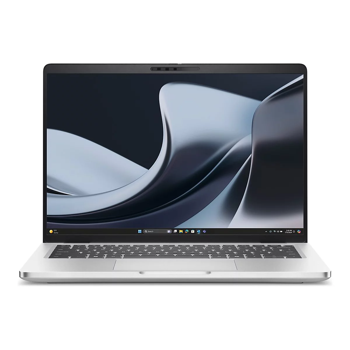 Silberner Laptop, geöffnet, mit abstraktem Hintergrundbild. Auf dem Bildschirm sind die Windows-Startleiste und das Datum sichtbar.