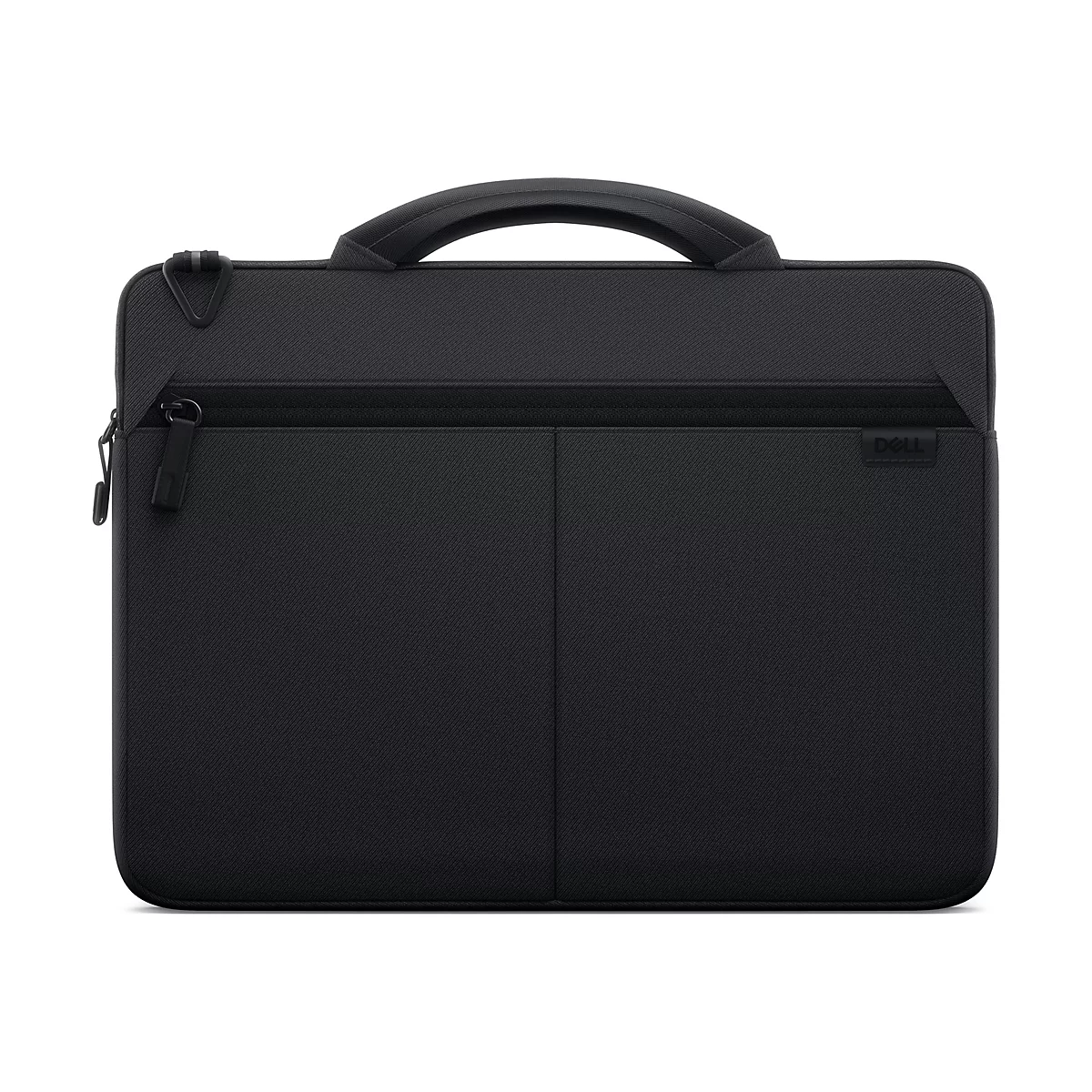 Schwarze Laptoptasche mit Tragegriff und Reißverschluss. Auf der Tasche ist das Dell-Logo zu sehen.