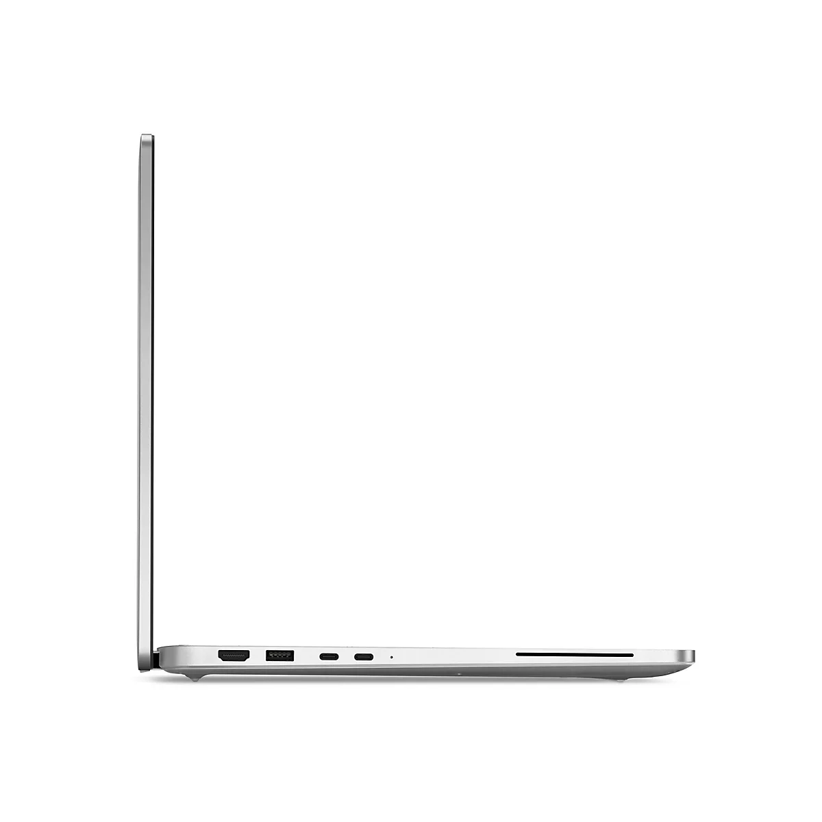 Seitenansicht eines silbernen Laptops, der geöffnet ist. Auf der rechten Seite sind Anschlüsse sichtbar.