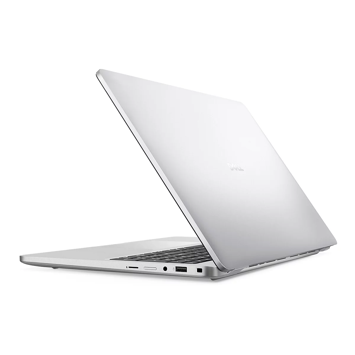 Ein silberner Laptop, halb geöffnet, von hinten und von der Seite fotografiert. Das Dell-Logo ist auf der Oberseite zu sehen.