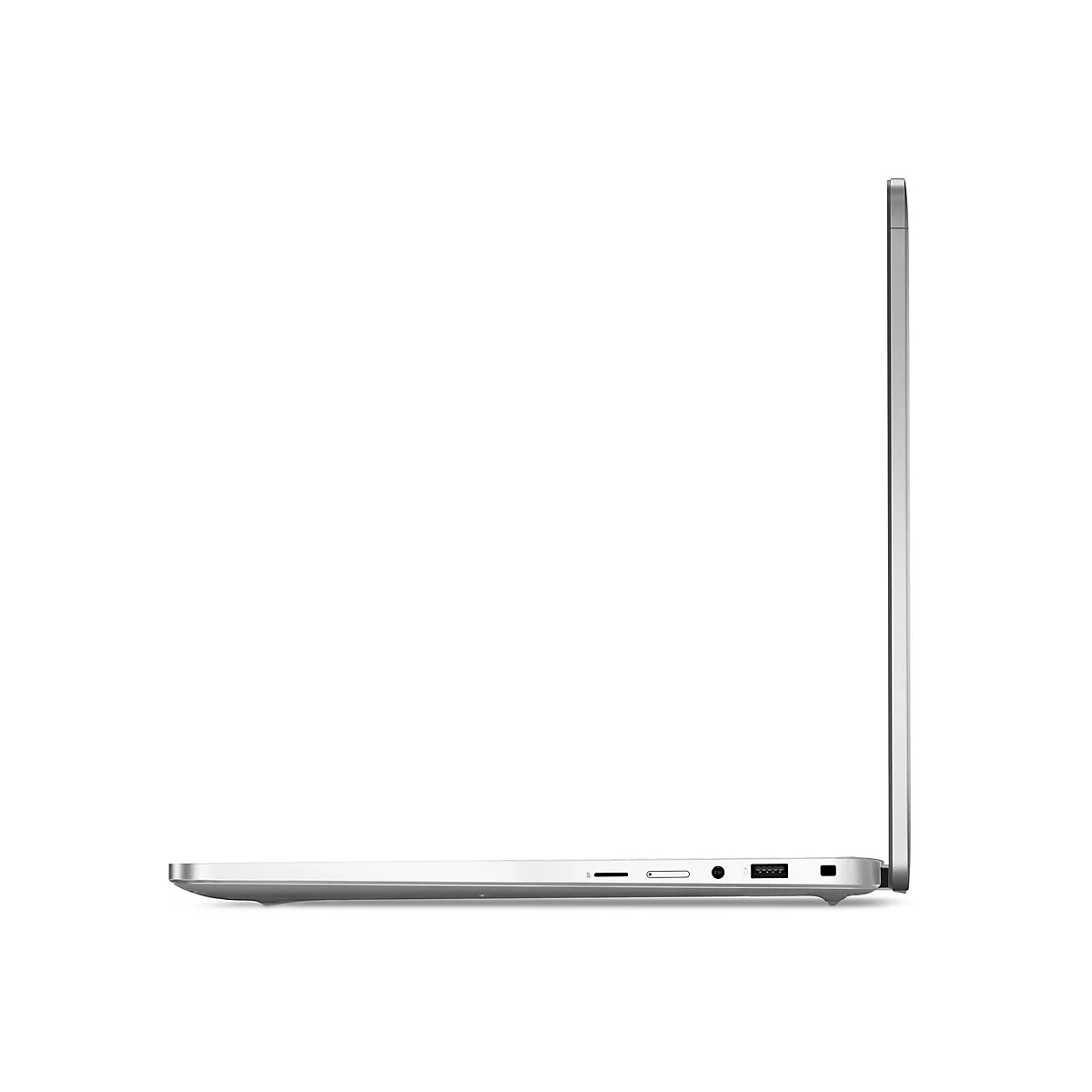 Seitenansicht eines silbernen Laptops, der auf weißem Hintergrund steht. Details: Anschlüsse, Gehäuse.