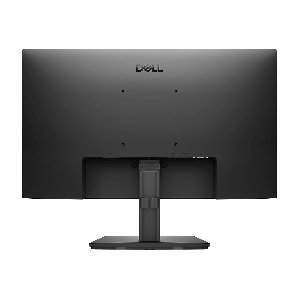 Rückseite eines schwarzen Dell-Monitors. Unten befinden sich Anschlüsse, ein Standfuß und das Dell-Logo.